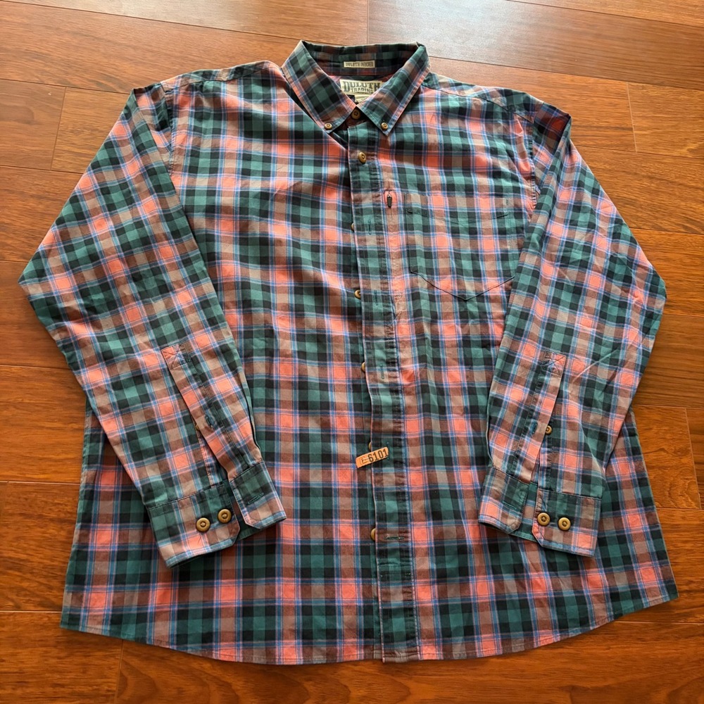Duluth Trading Co Untucked Relaxed Fit Plaid Button Down Shirt Green Orange L